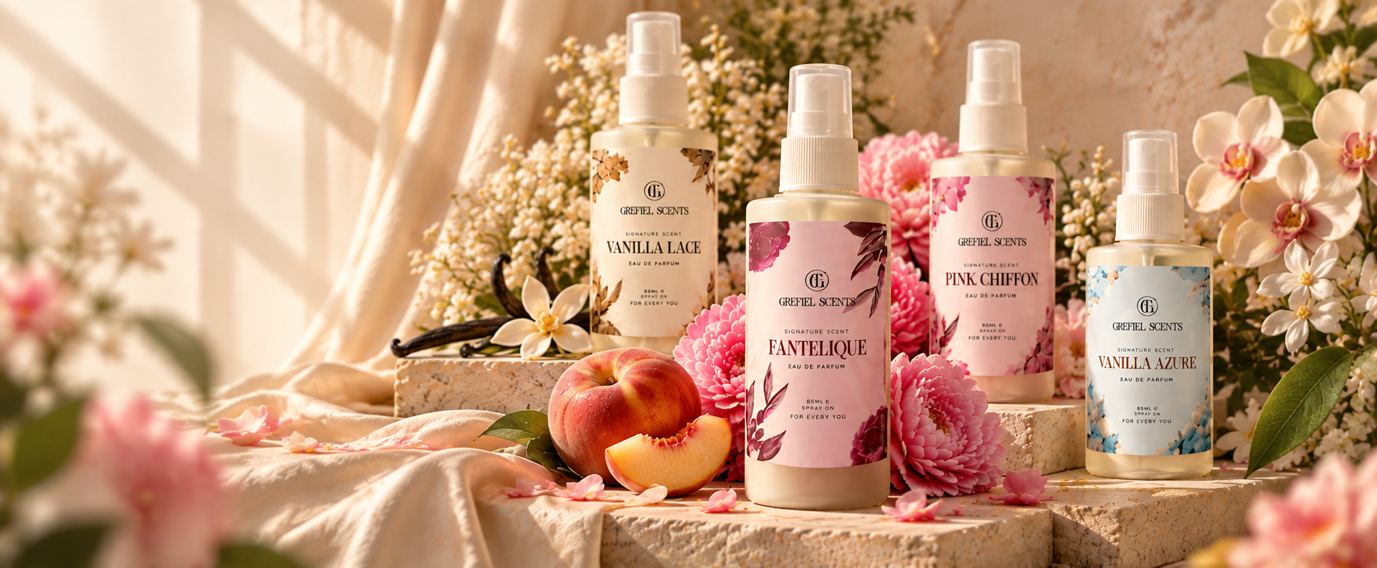 GREFIEL fragrance collection featuring Vanilla Lace, Fantelique, Pink Chiffon, and Vanilla Azure