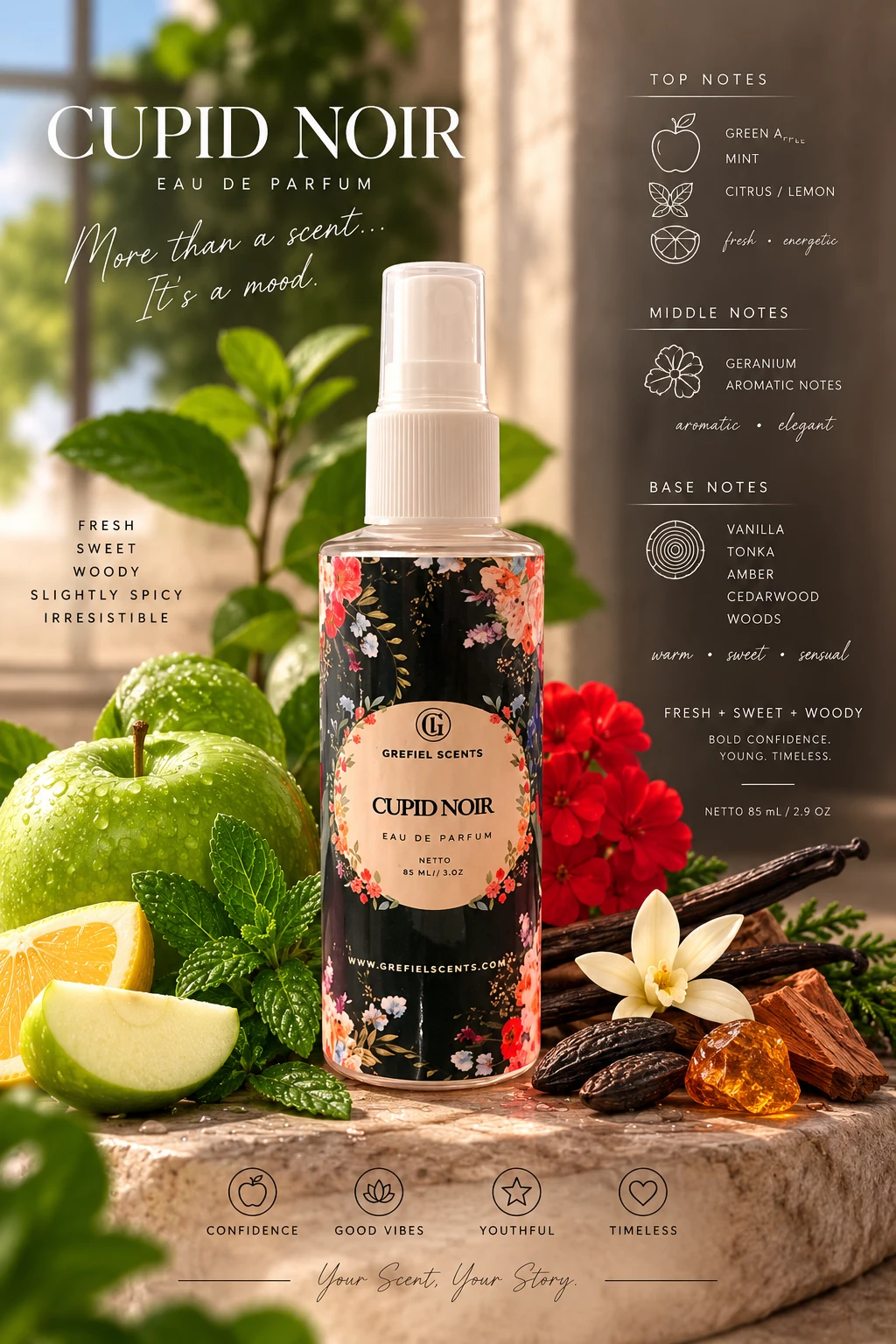 Cupid Noir fragrance among citrus, woods and flowers